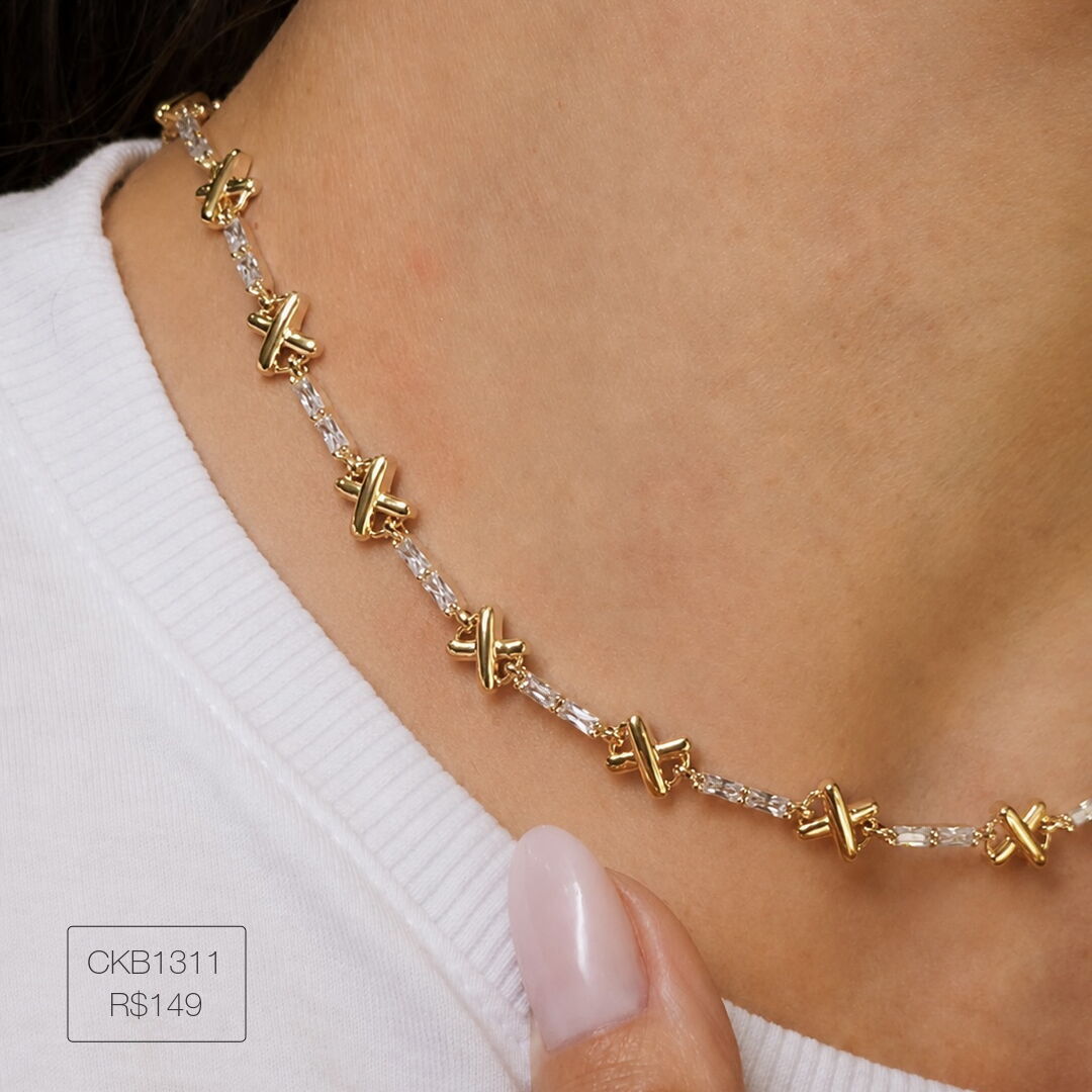 Choker Luxo Baguetes c/ X Cristal Dourada